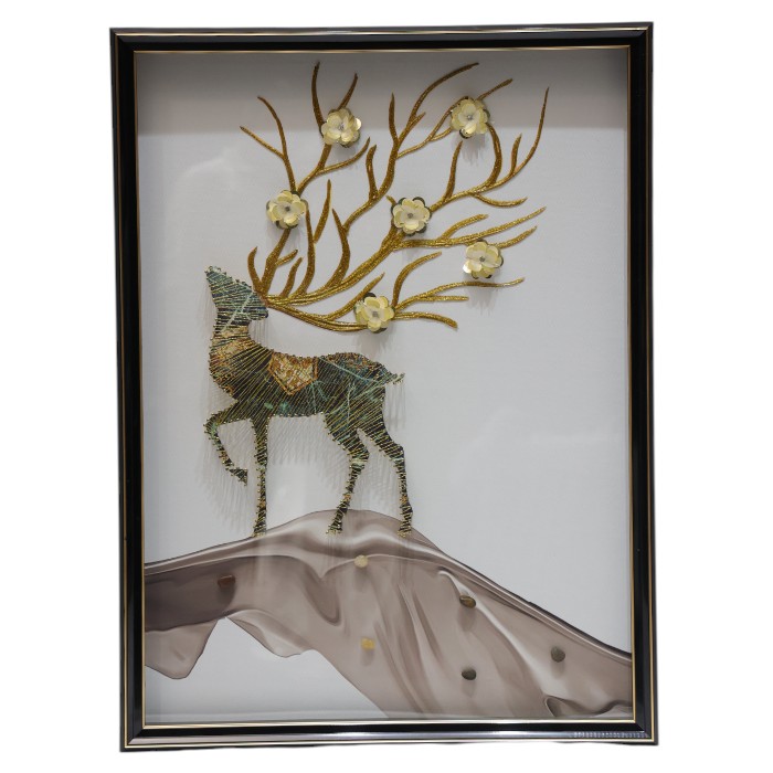 Framed Deer Artwork with Floral Antlers: 3D Sculptural Art, Metallic Accents, Modern Mythical Design, Statement Wall Decor, Add Artistic Fantasy to Your Space.