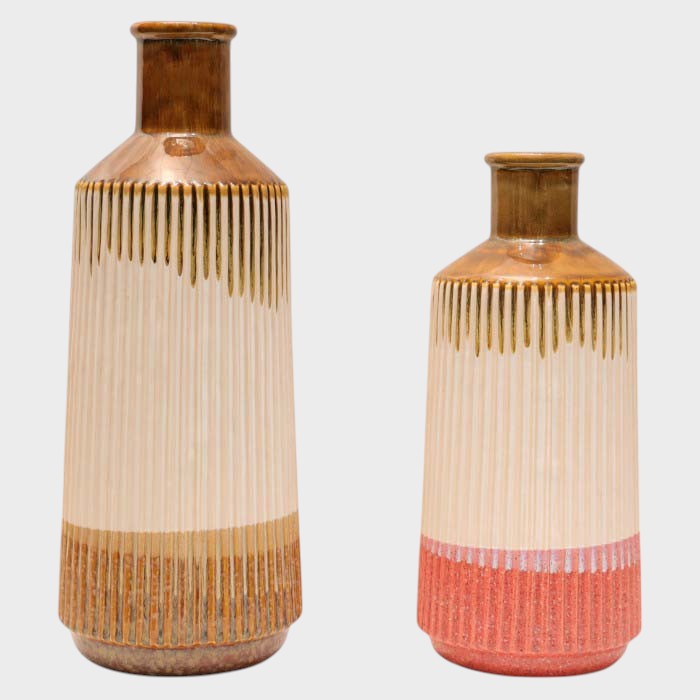 Modern Two-Tone Ribbed Vase - Elegant Decorative Home Accent Piece