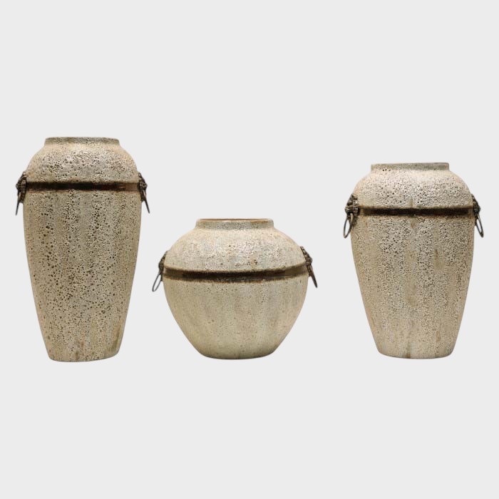 Textured Grey Ceramic Vase with Metal Rings - Rustic Elegant Decor (set of 3)