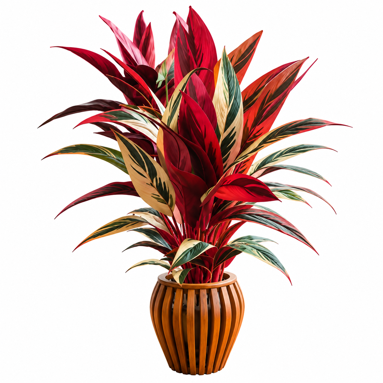 Red & Burgundy Artificial Tropical Plant with Wooden Planter