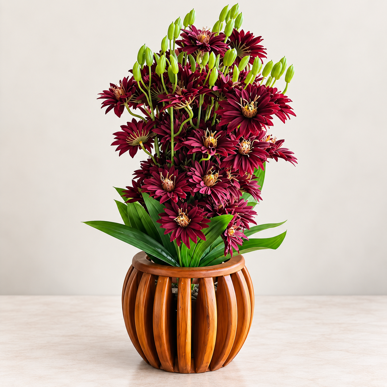 Artificial Orange Daisy Flower Arrangement in Wooden Planter