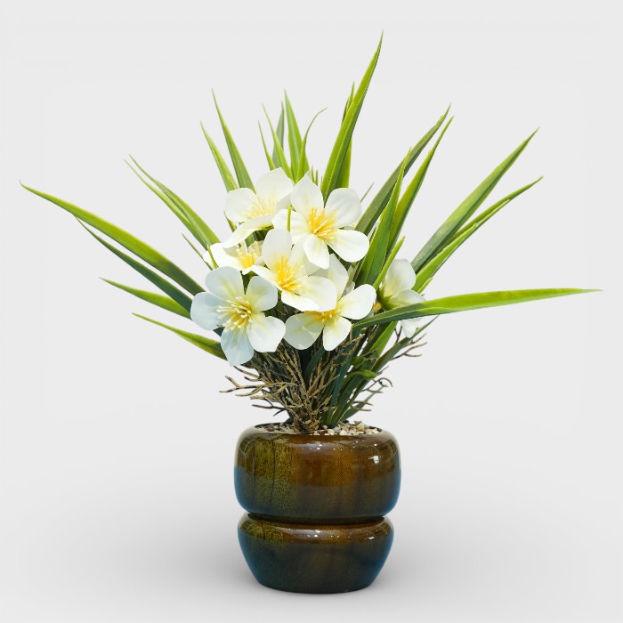 Faux Vermillion Blossom Potted Plant – Espresso Wood Grain Base