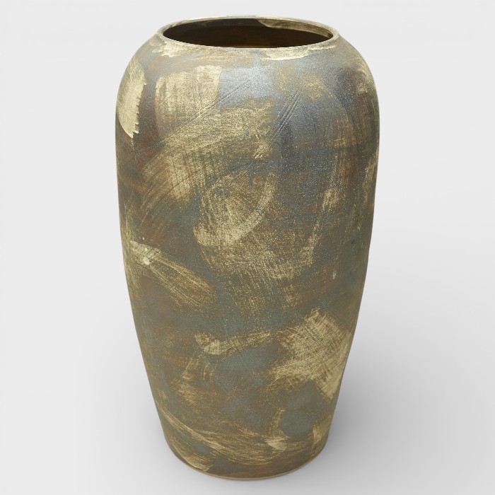 Modern Abstract Artisan Vase – Matte Charcoal with Cream Brushstrokes