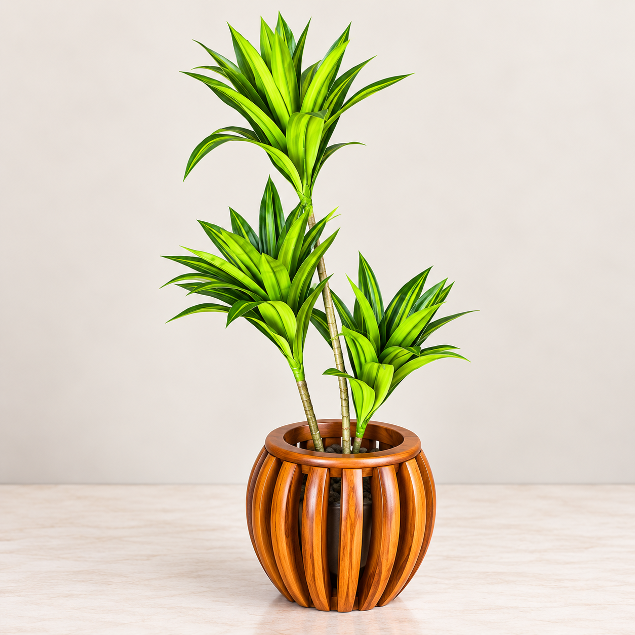 Artificial Pink & Green Dracaena Plant in Wooden Planter