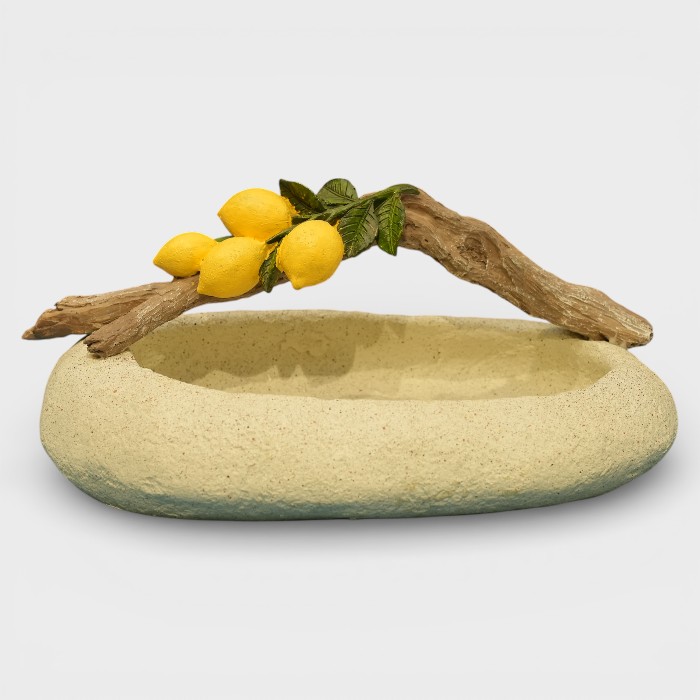 Rustic Stone-Texture Bowl with Decorative Lemon Branch Handle
