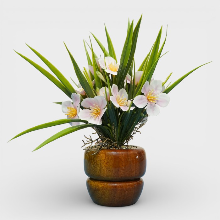 Faux Vermillion Blossom Potted Plant – Espresso Wood Grain Base