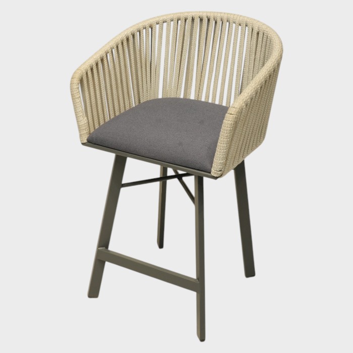 Rope-Wrapped Barrel Bar Stool – Charcoal Cushion with Earth-Tone Frame