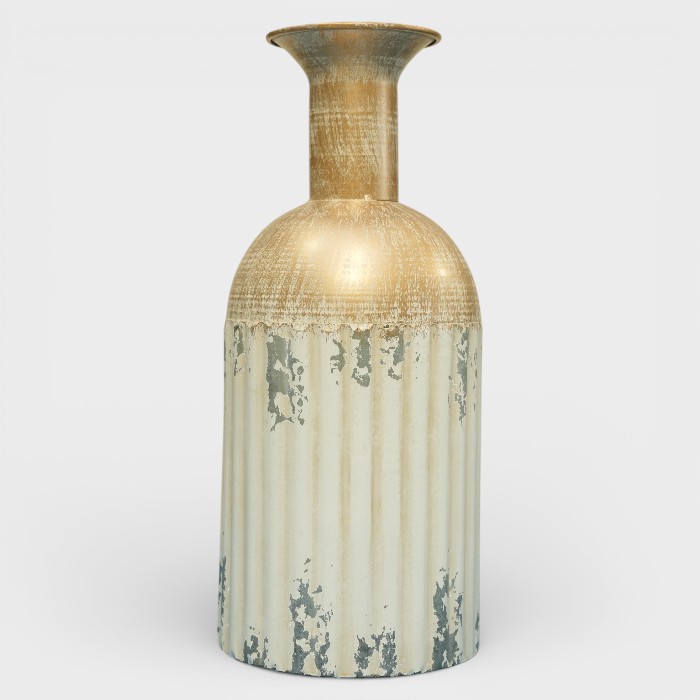 Modern Iridescent Turquoise Metal Vase with Burnished Neck