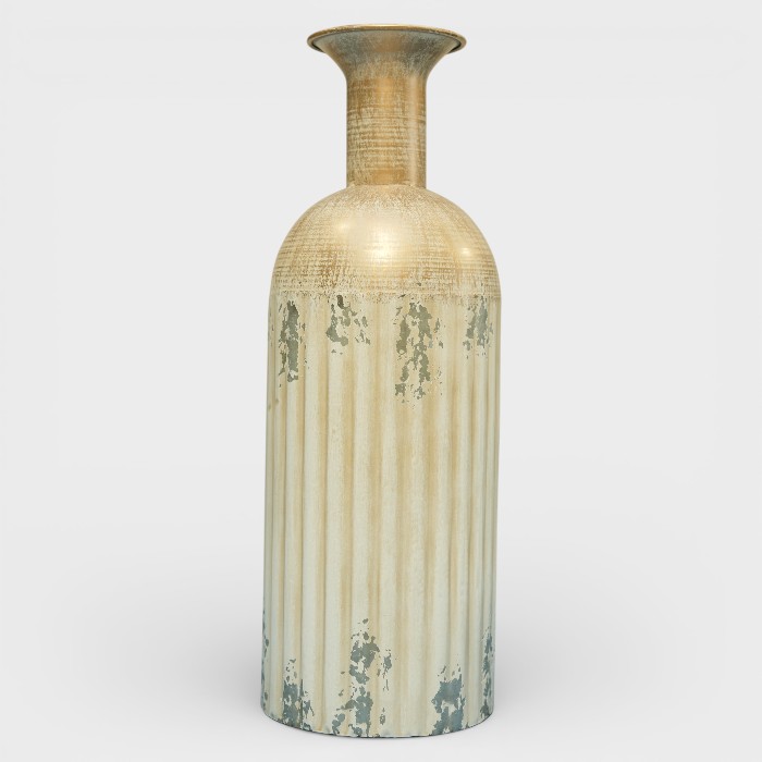 Rustic Shabby-Chic Ribbed Vase with Burnished Gold Trim