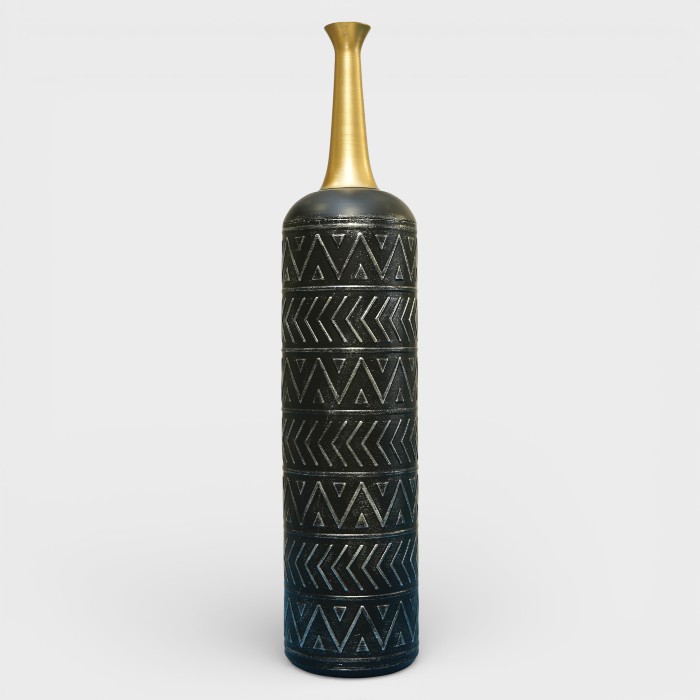 Midnight & Gold Tribal Embossed Cylinder Floor Vase
