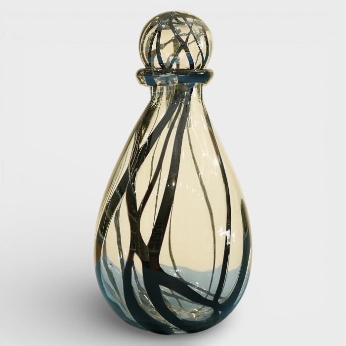 Smoked Amber & Teal Sculptural Glass Bottle with Orb Topper