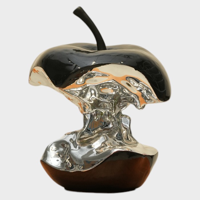 Modern Metallic Silver Eaten Apple Sculpture – Contemporary Art Decor