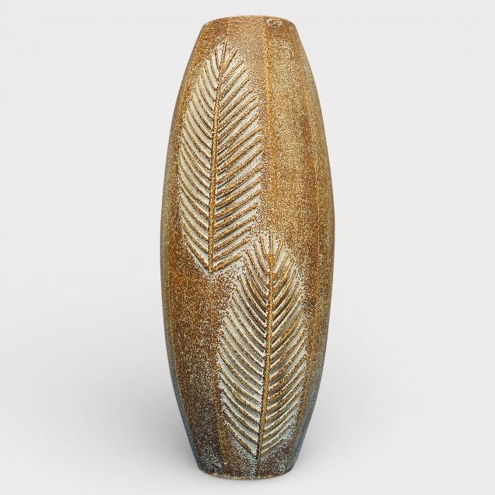 Rustic Ochre Ceramic Vessel with Symmetrical Fern Inlay