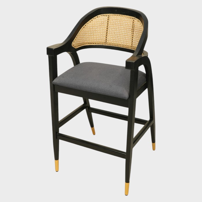 Luxe Cane Back Bar Stool – Black Wood Frame with Gold-Tipped Legs